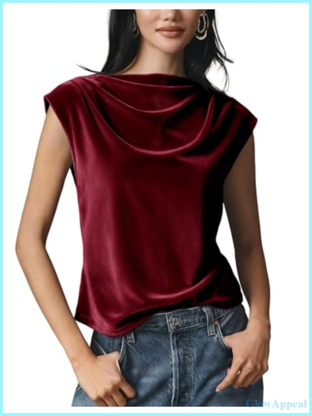 Velvet Cowl Neck Cap Sleeve Blouse Loose Fit Elegant Office Top